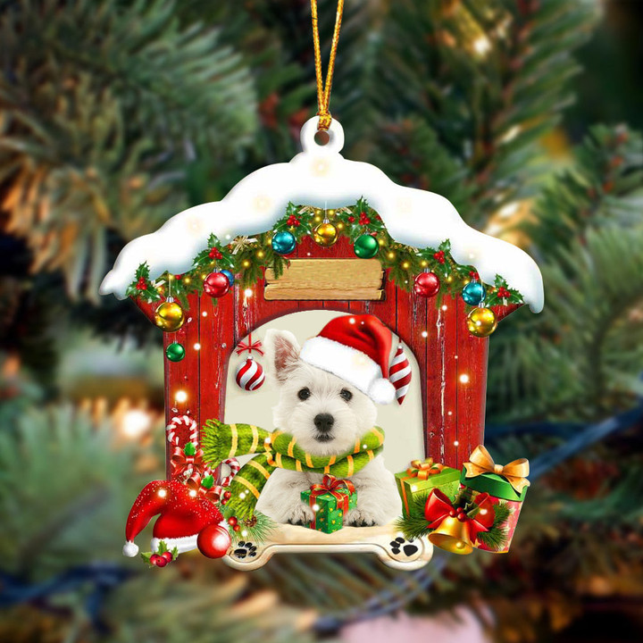 West Highland White Terrier In Red Wood House Christmas Ornament