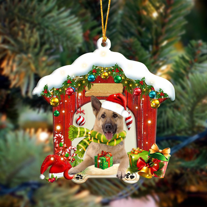 German Shepherd In Red Wood House Christmas Ornament