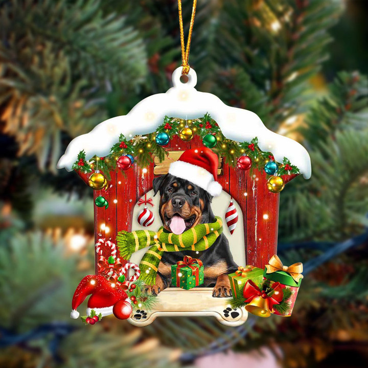 Rottweiler2 In Red Wood House Christmas Ornament