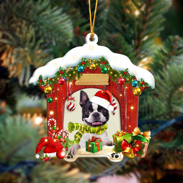 Boston Terrier2 In Red Wood House Christmas Ornament
