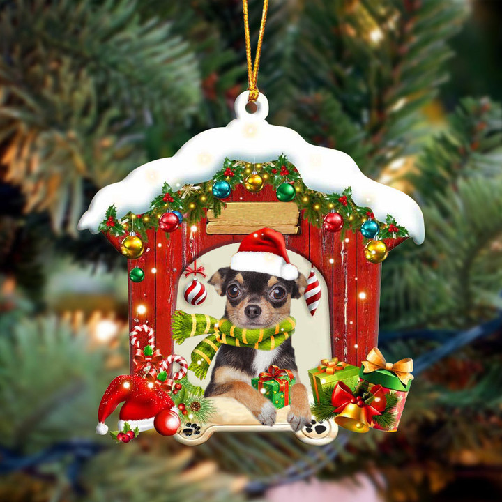 Chihuahua In Red Wood House Christmas Ornament