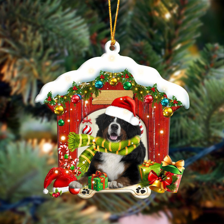 Bernese Mountain In Red Wood House Christmas Ornament