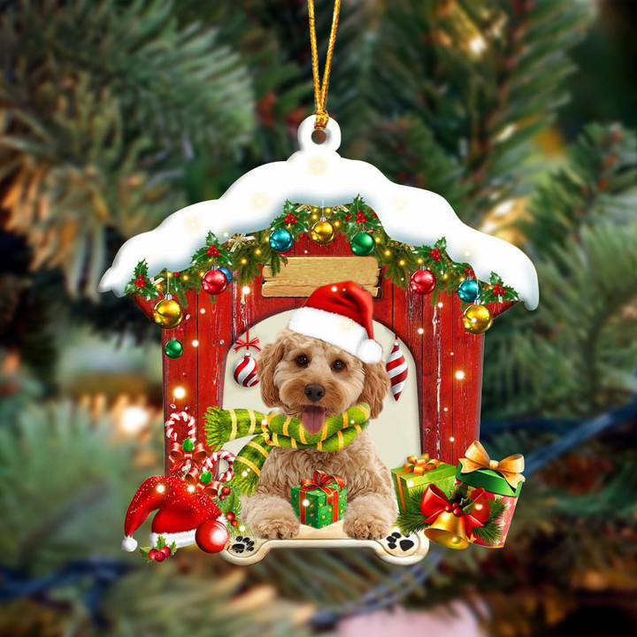 cockapoo In Red Wood House Christmas Ornament