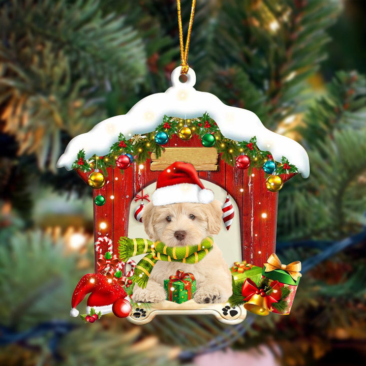 Goldendoodle In Red Wood House Christmas Ornament