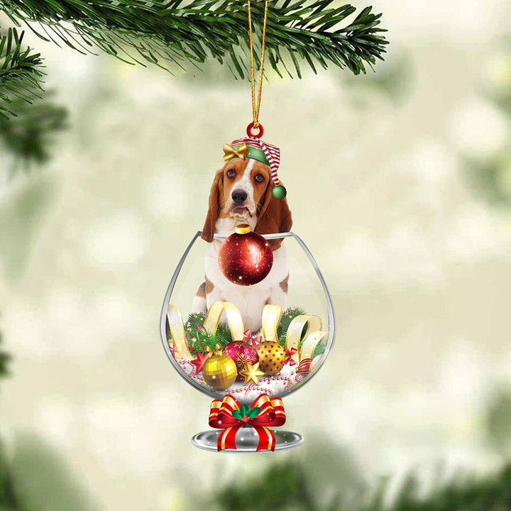 Basset Hound2 In Wine Glass Merry Christmas Ornament