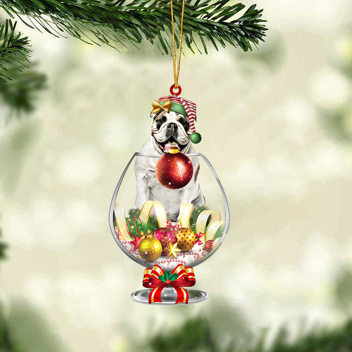 English Bulldog 7 In Wine Glass Merry Christmas Ornament