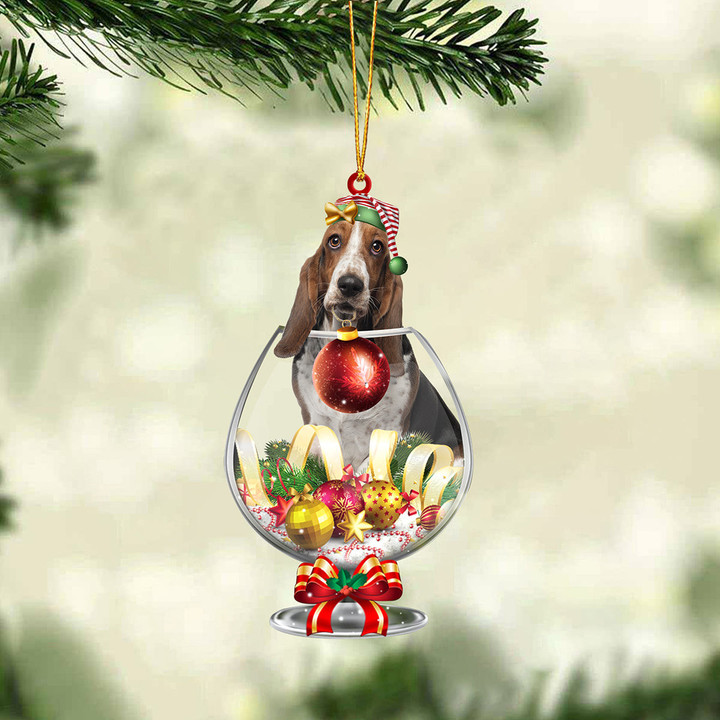Basset Hound In Wine Glass Merry Christmas Ornament