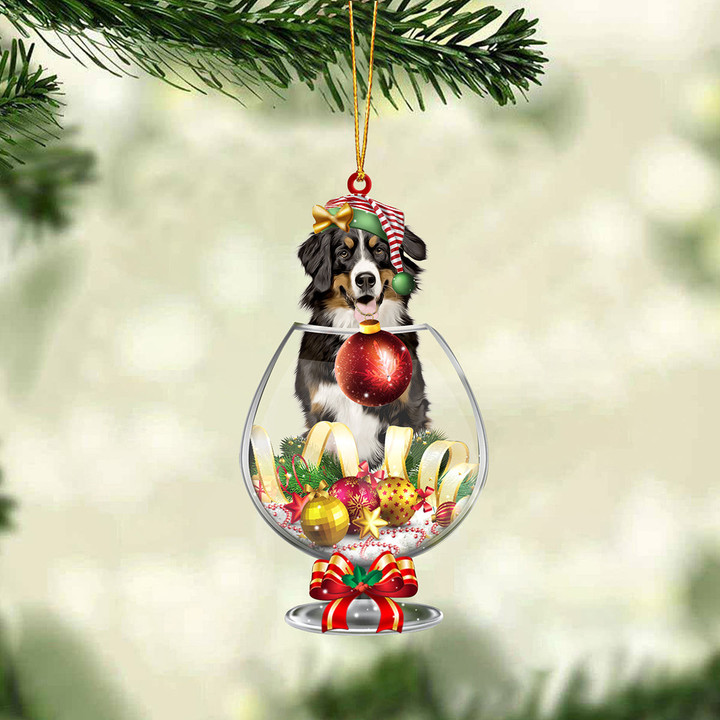 Bernese Mountain Dog In Wine Glass Merry Christmas Ornament