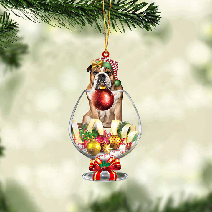 English Bulldog 5 In Wine Glass Merry Christmas Ornament