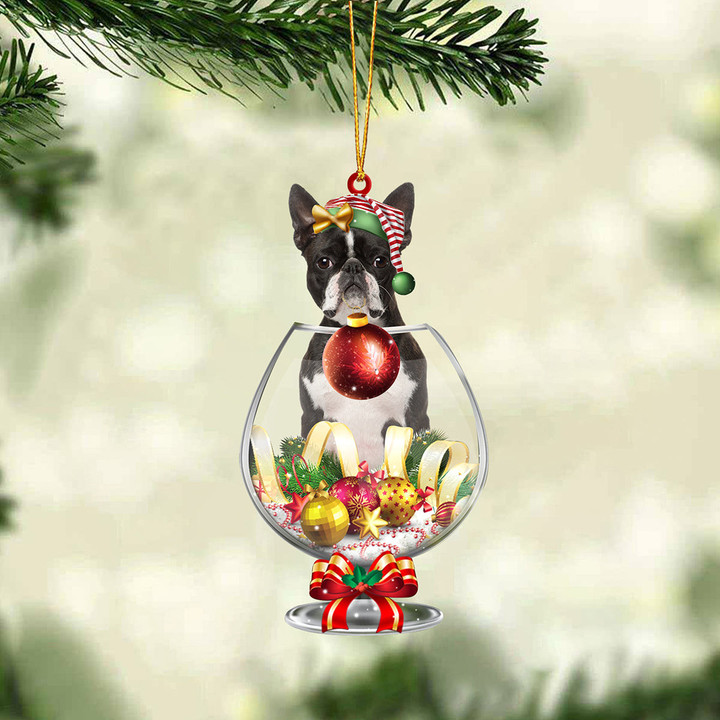 Boston Terrier In Wine Glass Merry Christmas Ornament