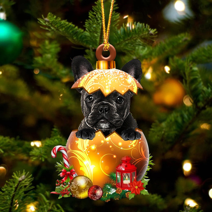 BLACK French Bulldog In Golden Egg Christmas Ornament