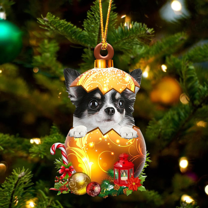 Long haired white Chihuahua In Golden Egg Christmas Ornament