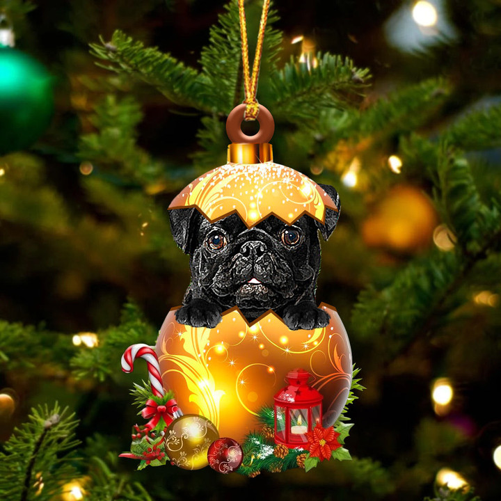 BLACK Pug In Golden Egg Christmas Ornament
