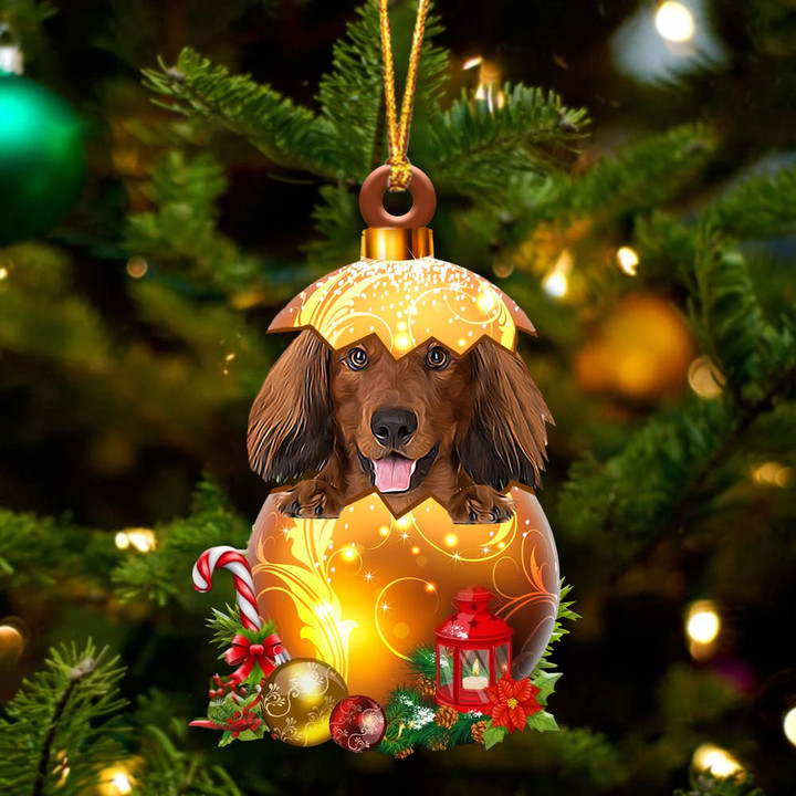 RED LONG HAIRED Dachshund In Golden Egg Christmas Ornament
