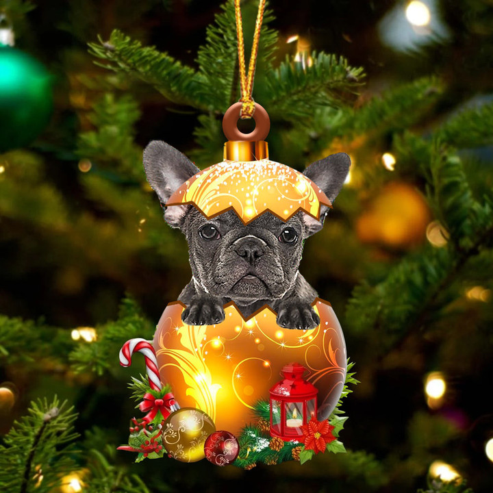 Grey French Bulldog In Golden Egg Christmas Ornament