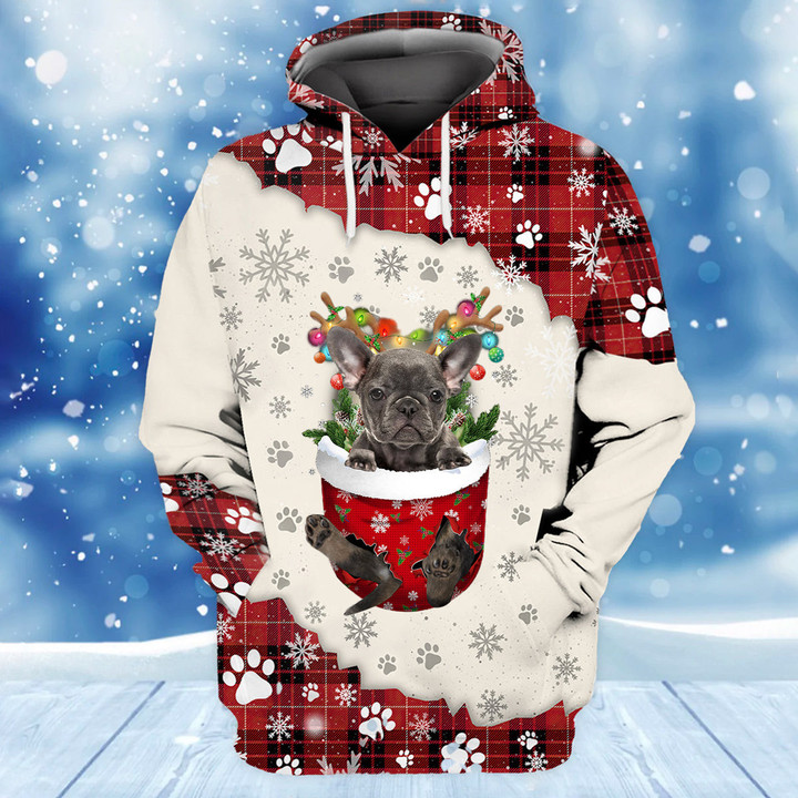 Grey French Bulldog In Snow Pocket Merry Christmas Unisex Hoodie