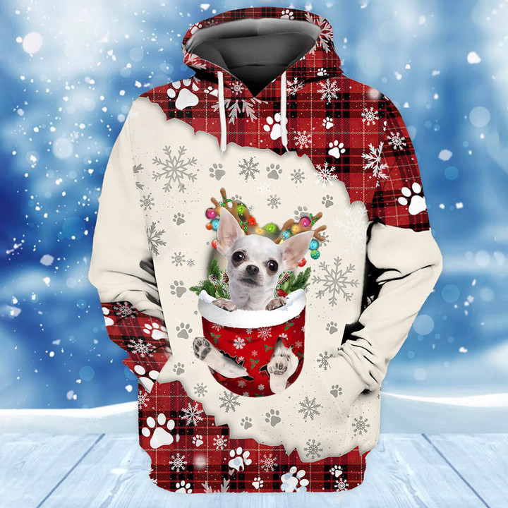 WHITE Chihuahua In Snow Pocket Merry Christmas Unisex Hoodie