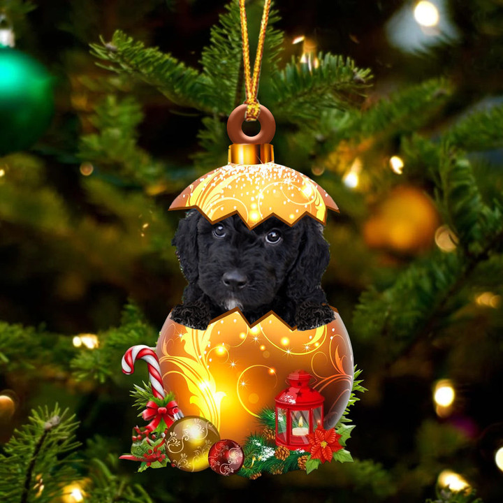 BLACK Goldendoodle In Golden Egg Christmas Ornament