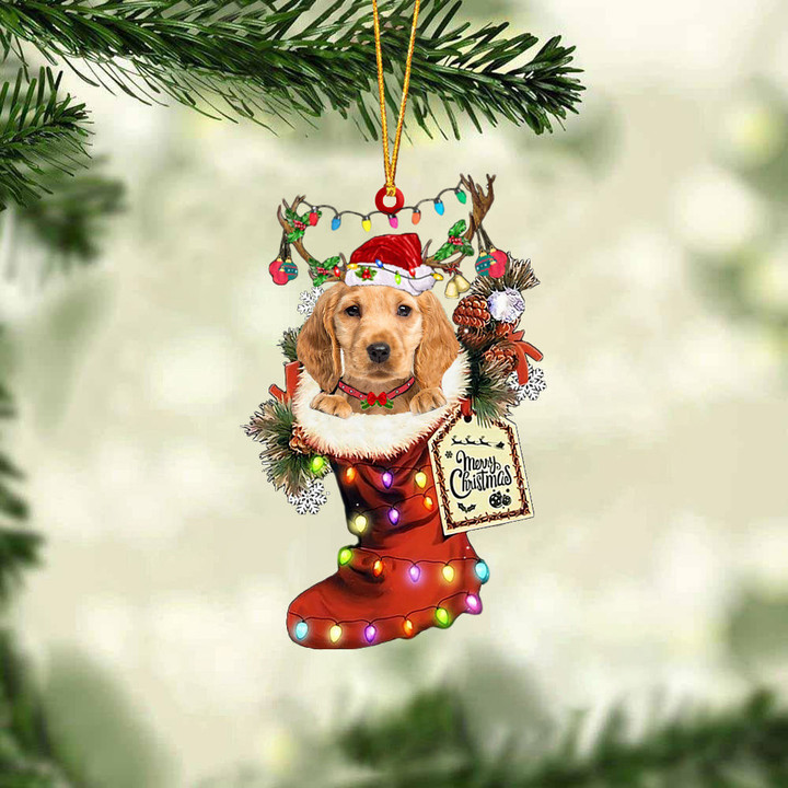 GOLDEN Cocker Spaniel In Red Boot Christmas Ornament