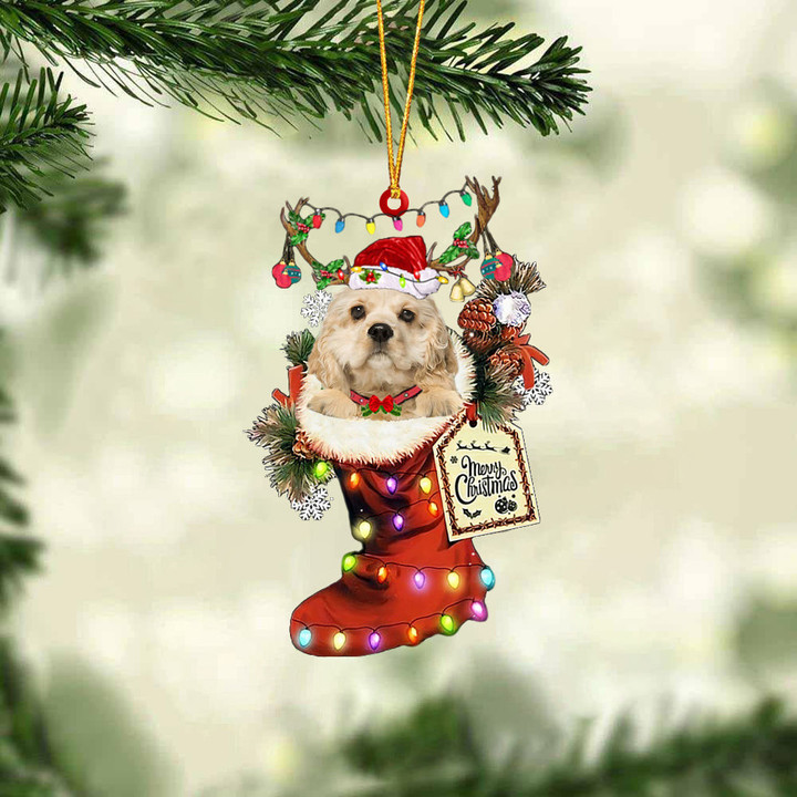 CREAM American Cocker Spaniel In Red Boot Christmas Ornament