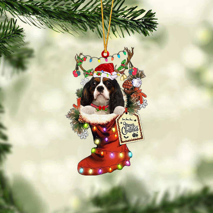 Cavalier King Charles Spaniel In Red Boot Christmas Ornament