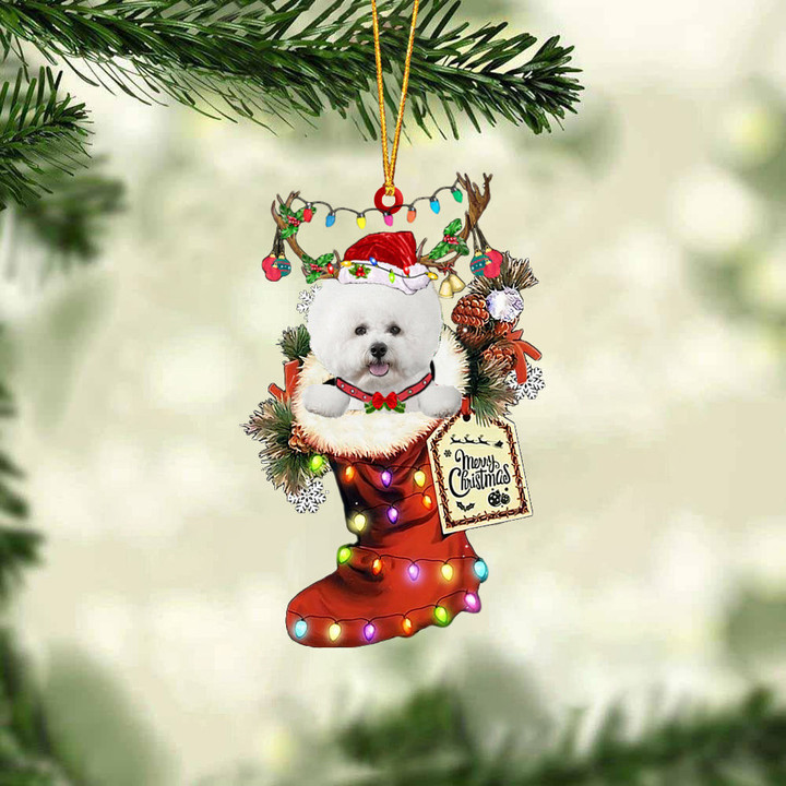 WHITE Bichon Frise In Red Boot Christmas Ornament