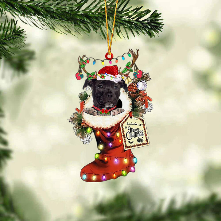 BLACK American Staffordshire Terrier In Red Boot Christmas Ornament