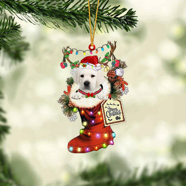 WHITE Labrador In Red Boot Christmas Ornament