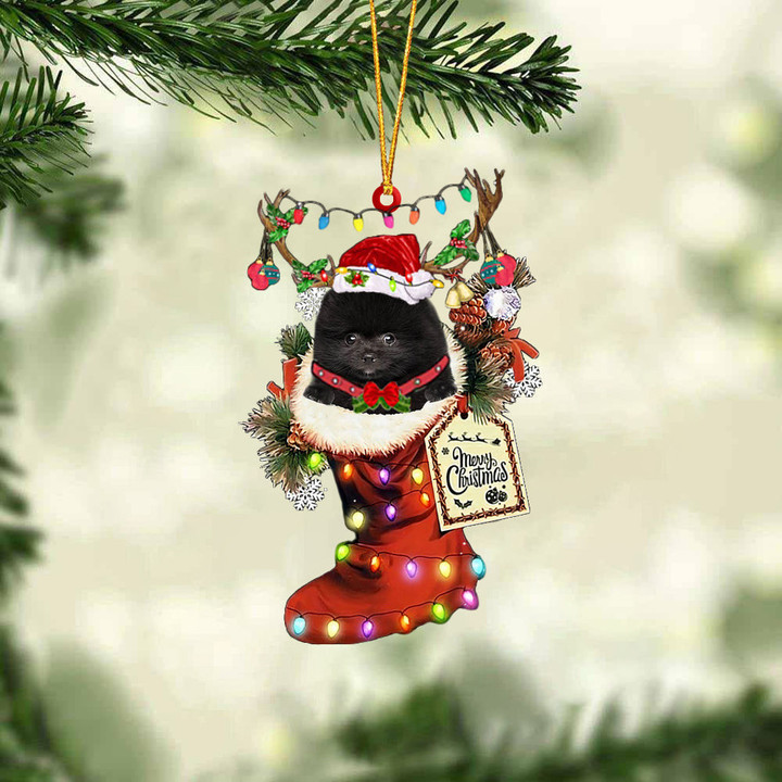 BLACK Pomeranian In Red Boot Christmas Ornament