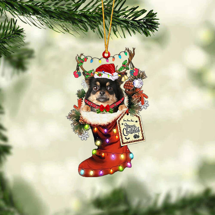 Chihuahua Long haired In Red Boot Christmas Ornament