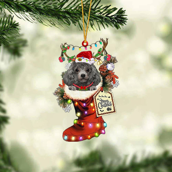SILVER Miniature Poodle In Red Boot Christmas Ornament