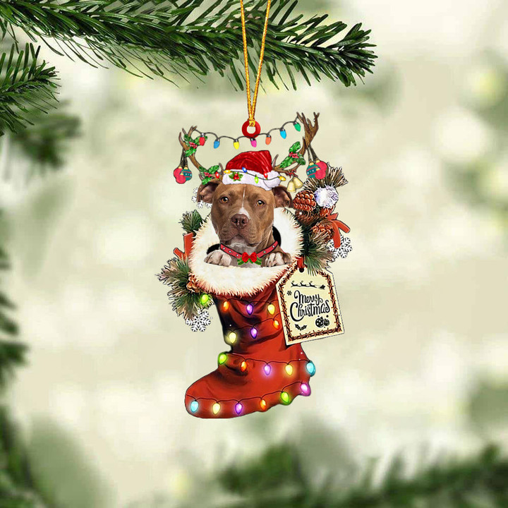 BROWN Pitbull In Red Boot Christmas Ornament