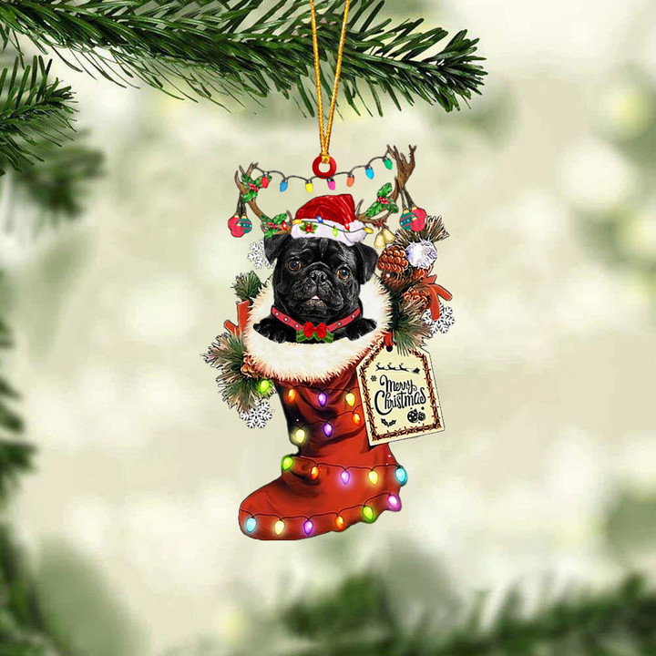 BLACK Pug In Red Boot Christmas Ornament