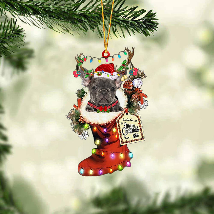 Grey French Bulldog In Red Boot Christmas Ornament