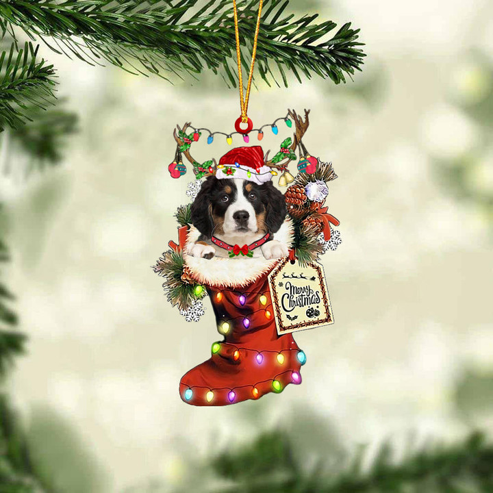 Bernese Mountain Dog In Red Boot Christmas Ornament