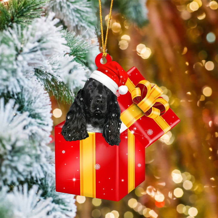 Black Cocker Spaniel In Red Gift Box Christmas Ornament