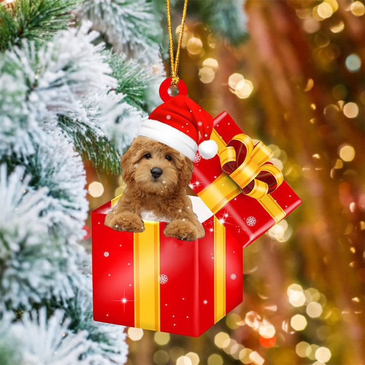 Goldendoodle In Red Gift Box Christmas Ornament
