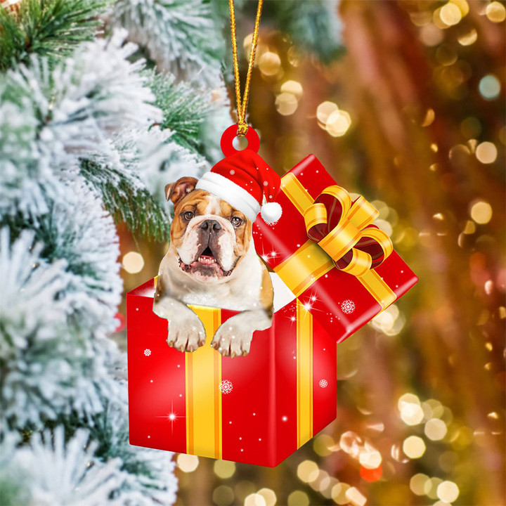 Bulldog In Red Gift Box Christmas Ornament
