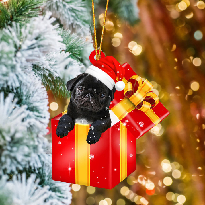 Pug 2 In Red Gift Box Christmas Ornament