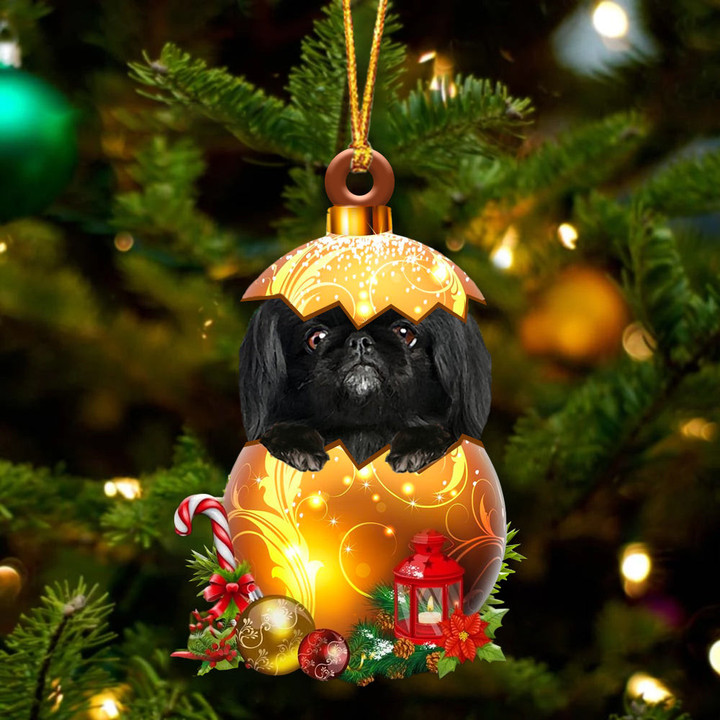 BLACK Pekingese In Golden Egg Christmas Ornament
