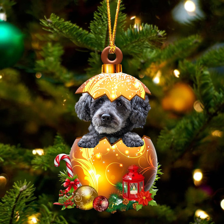 GREY Schnoodle In Golden Egg Christmas Ornament
