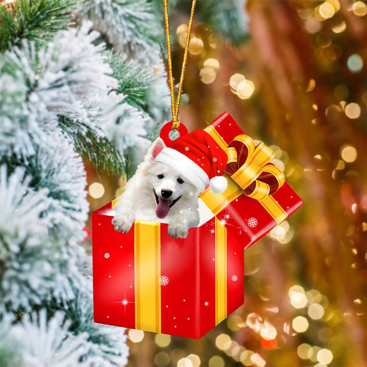 American Eskimo In Red Gift Box Christmas Ornament