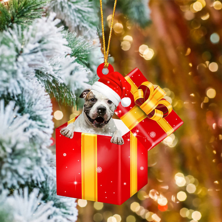 American BullDog In Red Gift Box Christmas Ornament