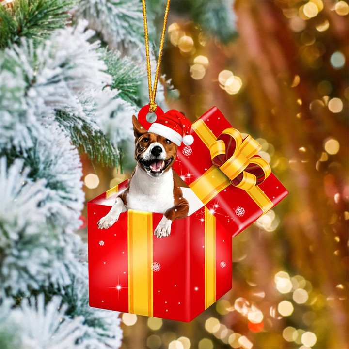Basenji In Red Gift Box Christmas Ornament
