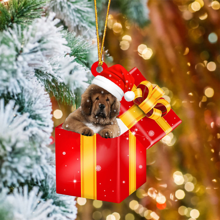 Tibetan Mastiff In Red Gift Box Christmas Ornament