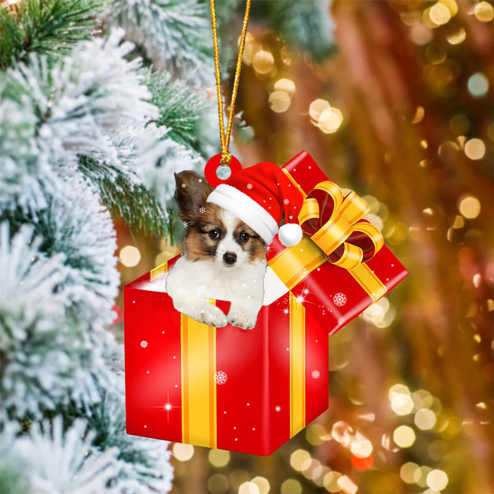 Papillon In Red Gift Box Christmas Ornament