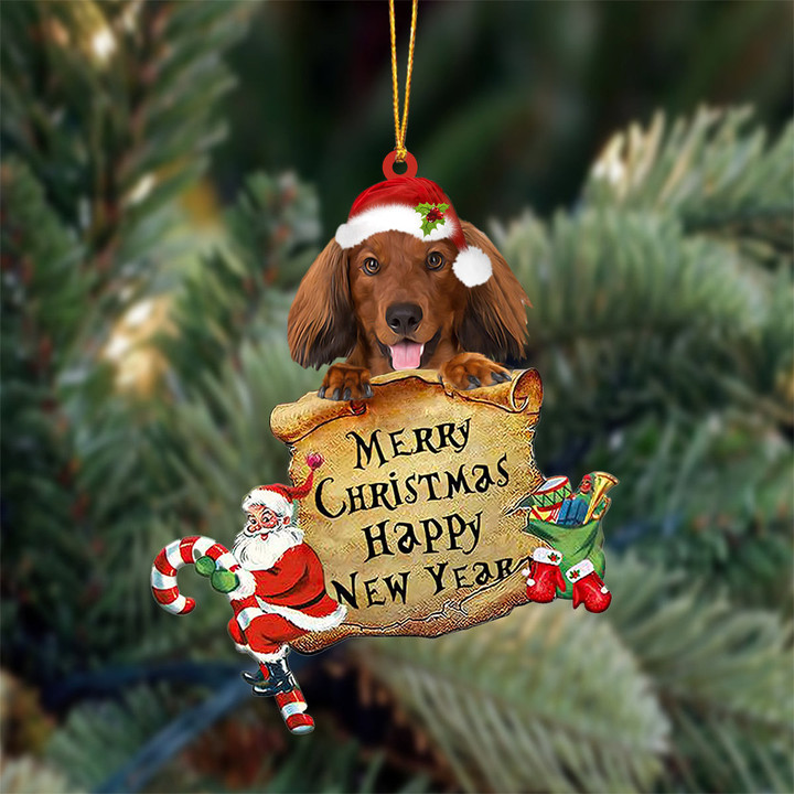 RED LONG HAIRED Dachshund Merry Christmas&Happy New Year Hanging Ornament