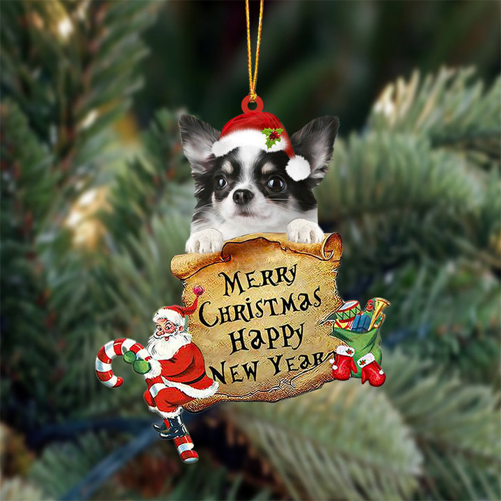 Long haired white Chihuahua Merry Christmas&Happy New Year Hanging Ornament