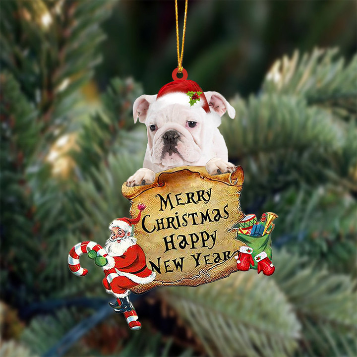 WHITE English Bulldog Merry Christmas&Happy New Year Hanging Ornament