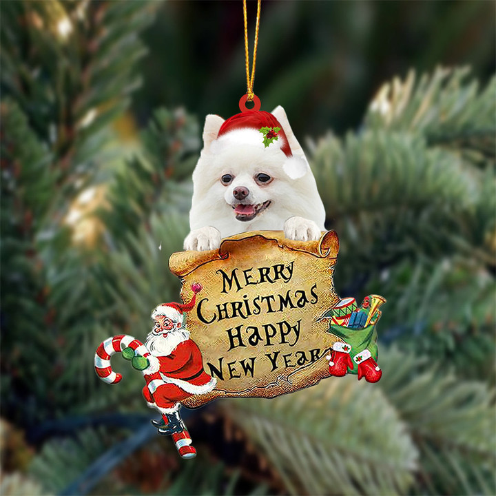WHITE Pomeranian Merry Christmas&Happy New Year Hanging Ornament